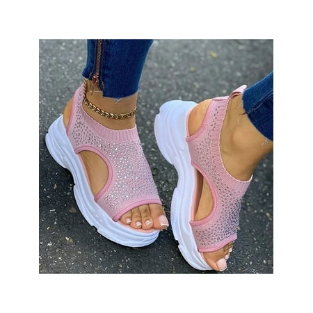 

Lacyhop Ladies Shoes Rhinestone Summer Sandal Slip On Platform Sandals Party Comfort Dress Shoe Non-Slip Knit Upper Pink 8