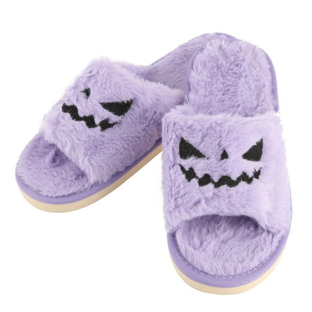 

purcolt Women s Halloween Pumpkin Smile Slippers Open Toe Fuzzy Slippers Non-Slip Soft Cozy Plush House Slippers Warm Furry Slides Flat Sandals Home Shoes Indoor Outdoor