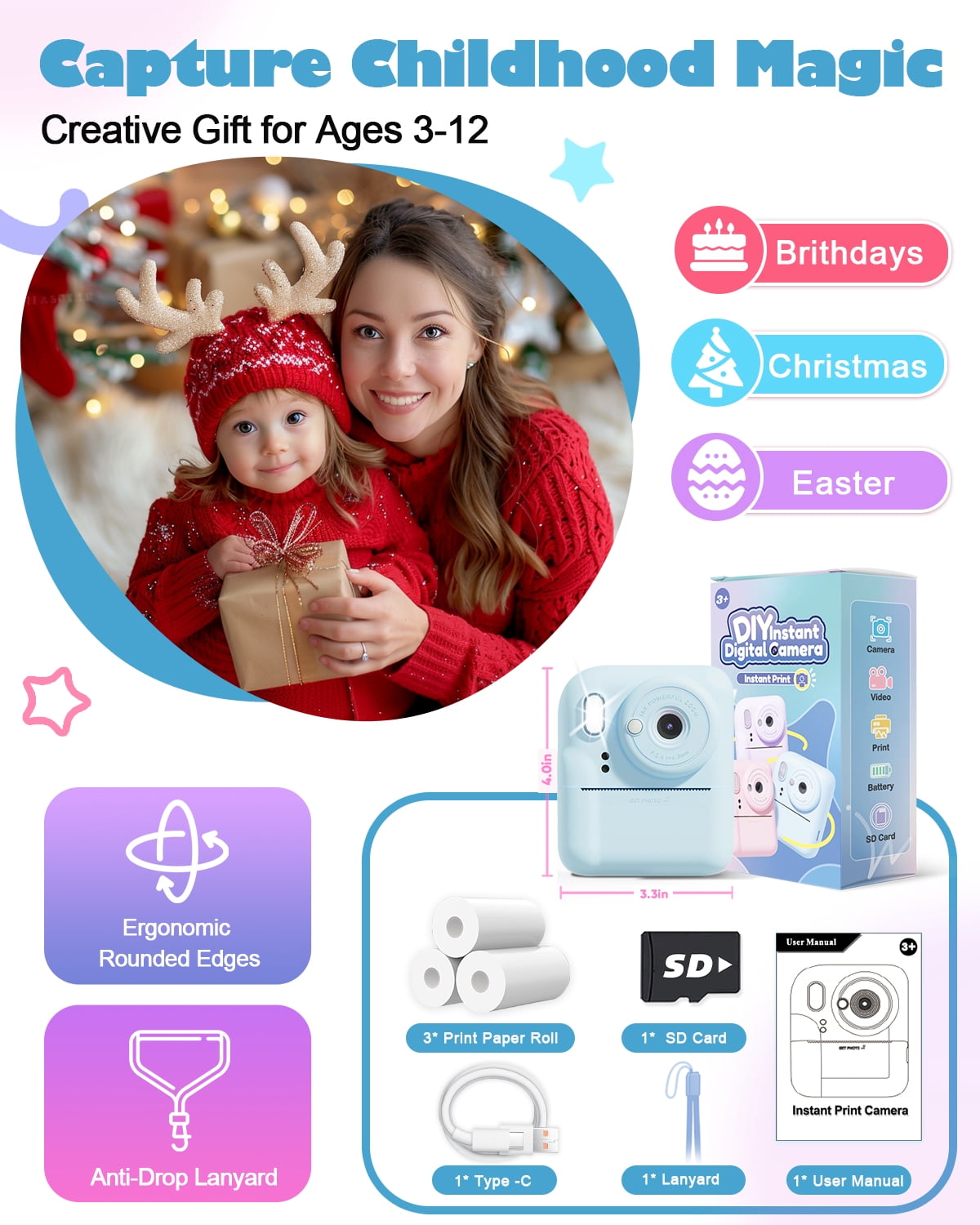 Seckton Instant Print Camera for Boys Girls , Dual-Lens 1080P Kid Digital Camera Birthday Gifts for 3-12 Year Old Boy Blue