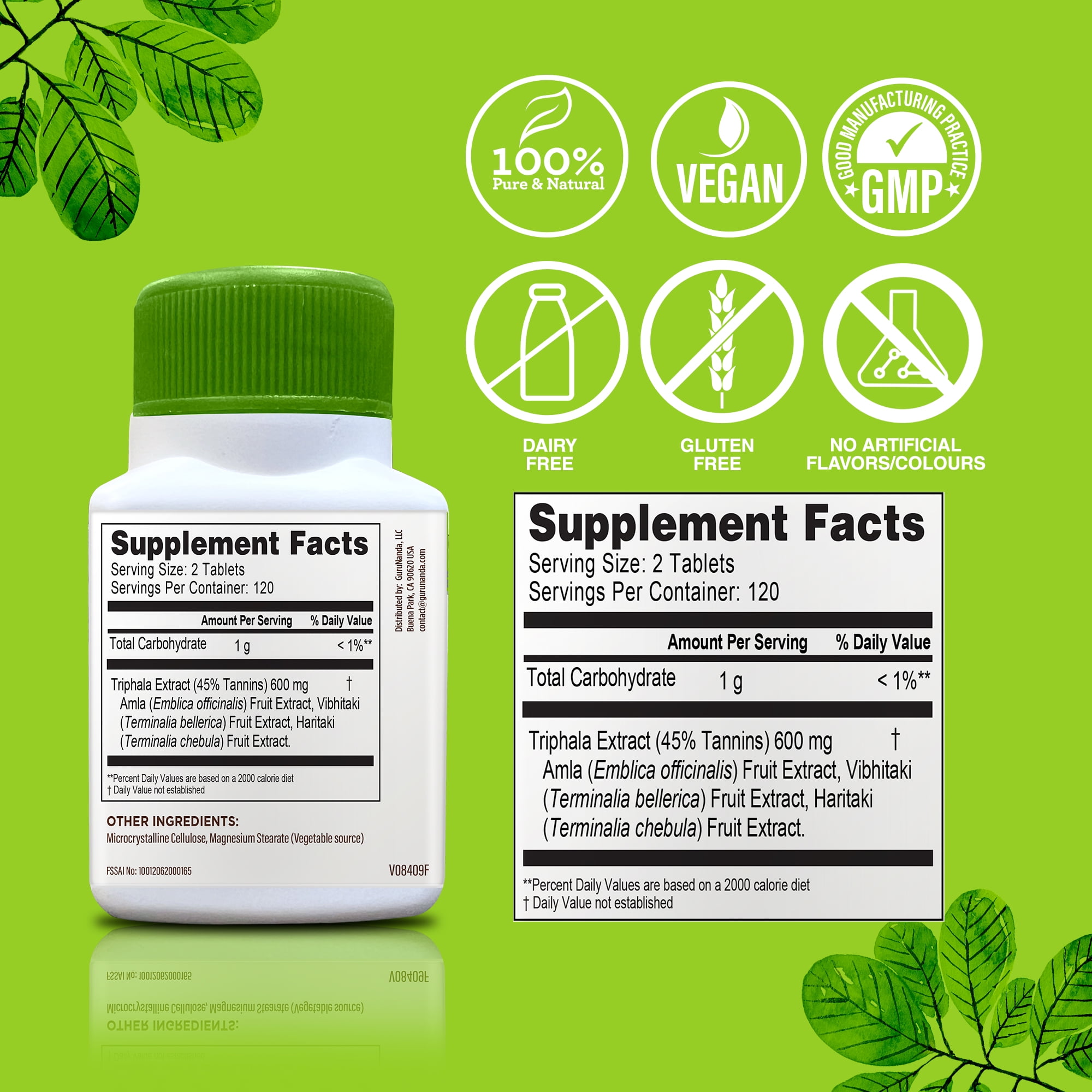 GuruNanda Digestiva Triphala Dietary Supplement Infused with Amla, Vibhitaki, and Haritaki for Digestion Cleansing - 500mg