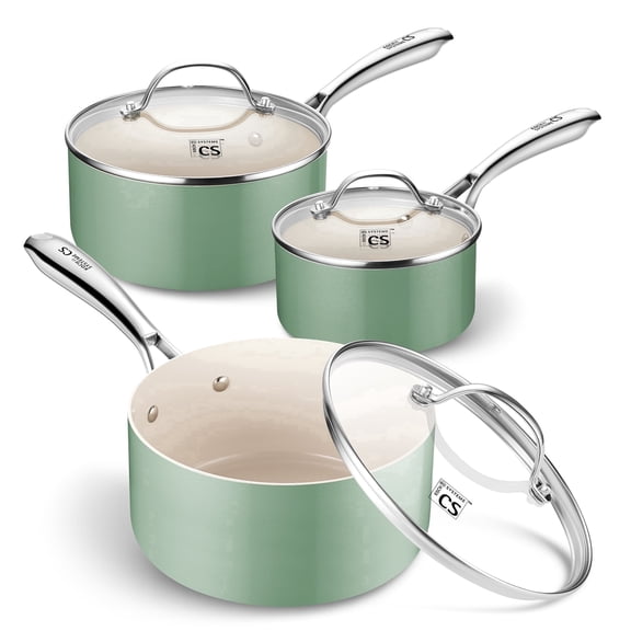 Koch Systeme CS 6pcs Non-Stick Saucepan Set with Lid, 1QT &2QT &3QT Saucepan with Aluminum Ceramic Coating, Dishwasher Safe, Green