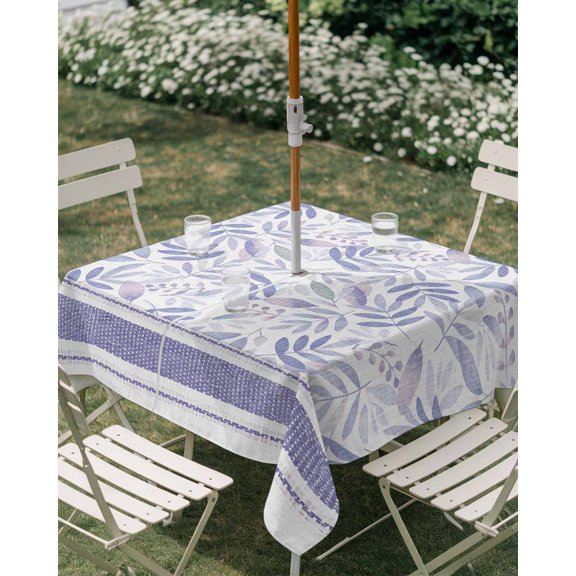 Outdoor Tablecloth with Umbrella Hole, Pastoral Purple Leaves Zippered Table Cloth for Rectangle Tables, Watercolor Stripes Washable Waterproof Tablecloths for Picnic Patio Garden
