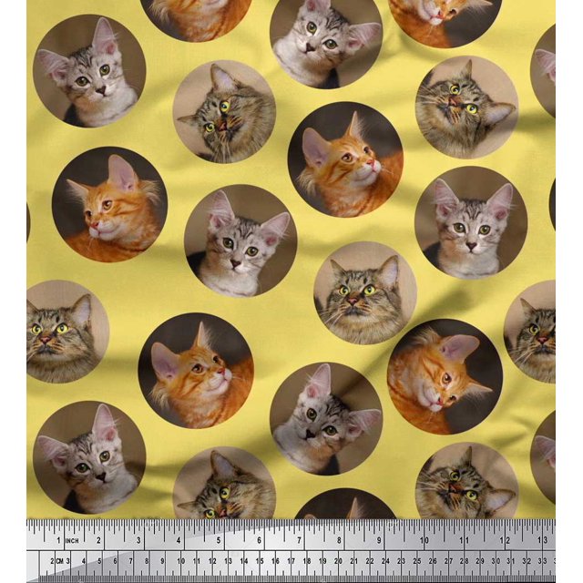 Soimoi Velvet Fabric Cat Face Animal Printed Fabric 1 Yard 58 Inch Wide
