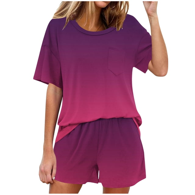Conjunto de Pijama de las Mujeres de Moda Casual Color Sólido Manga Corta Cuello Redondo Top Y Pantalones