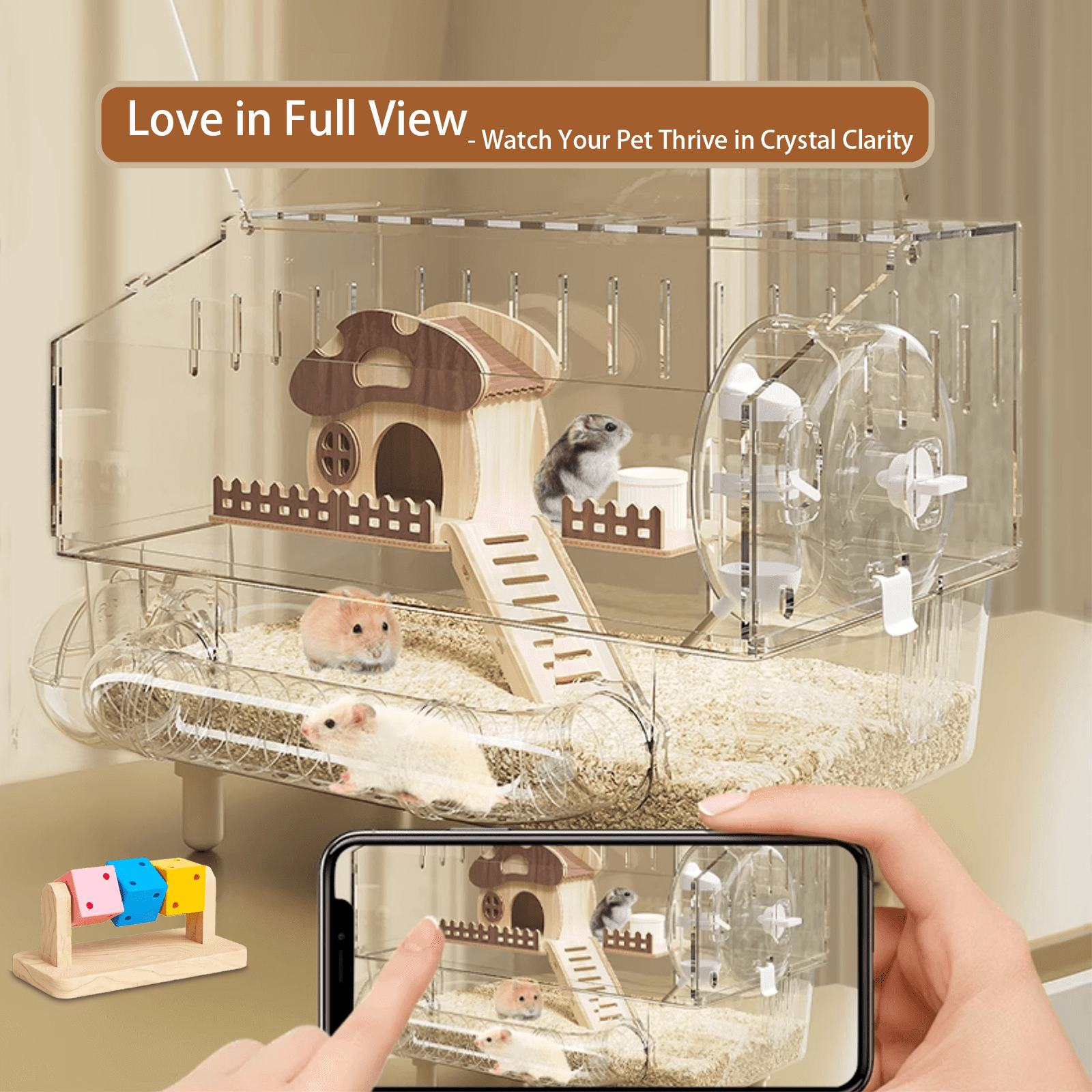 9 in 1 Acrylic Hamster Cage with all accessories and an activity tube,2-layer Hamster House,transparent viewing,top open Mouse Cage for pet mice,Hamster Habitat for Dwarf Hamster,Gerbils;18"x11"x13.4