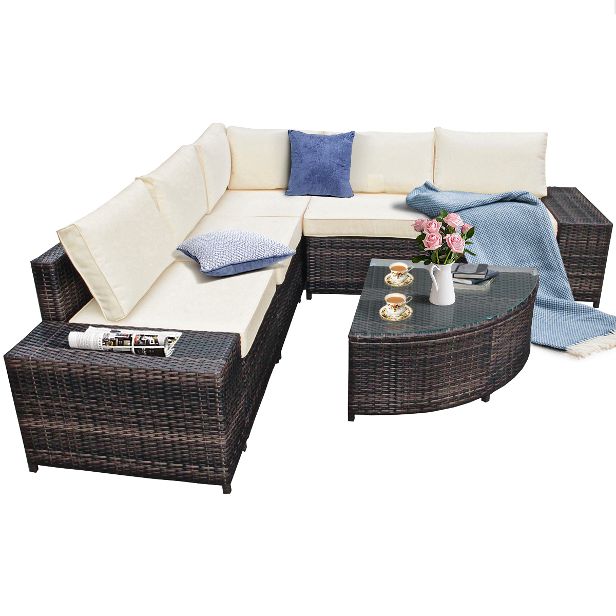 Patiojoy 6-Piece Outdoor Rattan Conversation Set Sectional Sofa Set with Arc-Shaped Table White - image 5 of 6