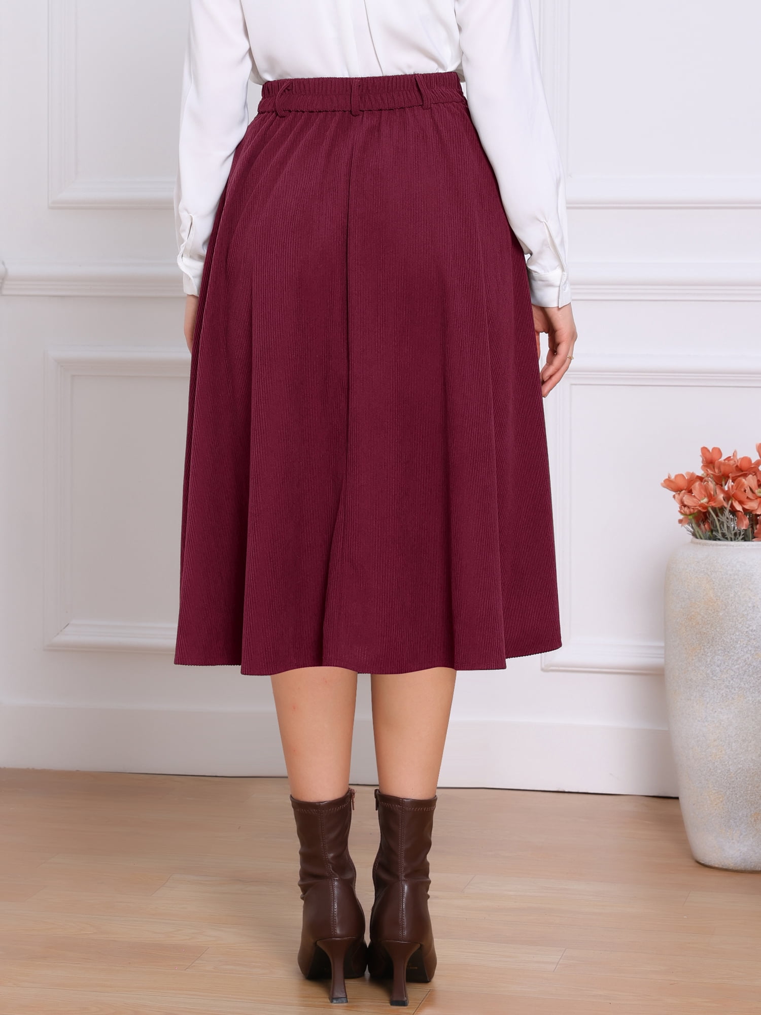 DARING DIVA Women's High Waist A Line Midi Skirts with Pockets Medium Burgundy