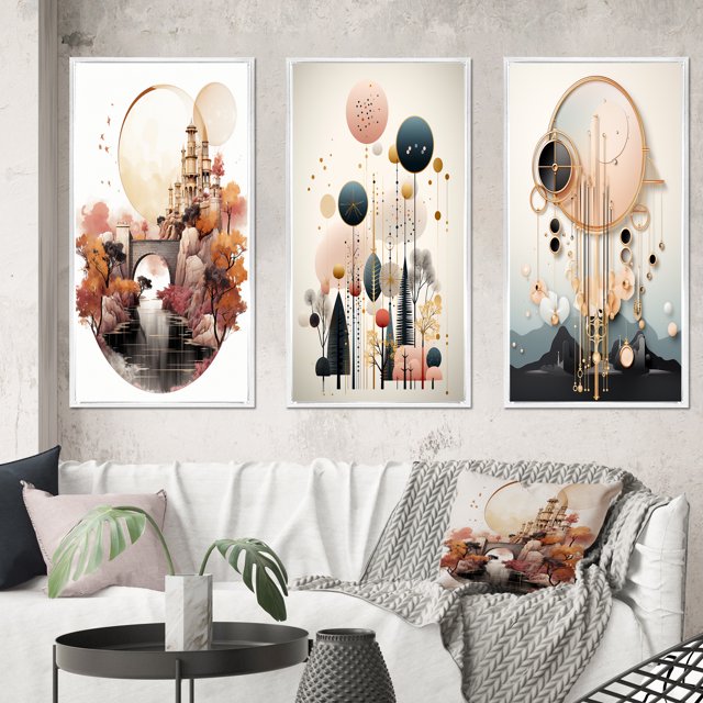 Designart "Boho Dreams Rose Gold Abstract Landscape" Abstract Landscape Framed Wall Art Set Of 3 - Pink Abstract Landscapes Frame Canvas Set For Living Room Decor