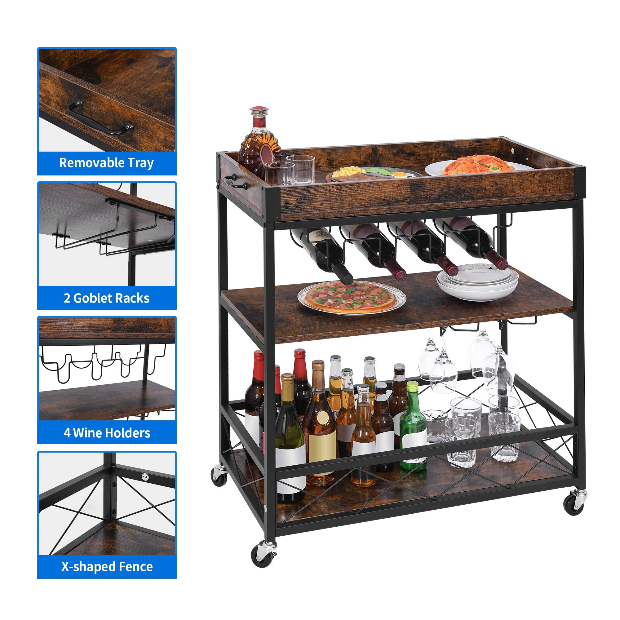 DEXTRUS 31" Rolling Kitchen Cart with Wine Rack and Glass Holder, Removable Tray and Storage Drawer