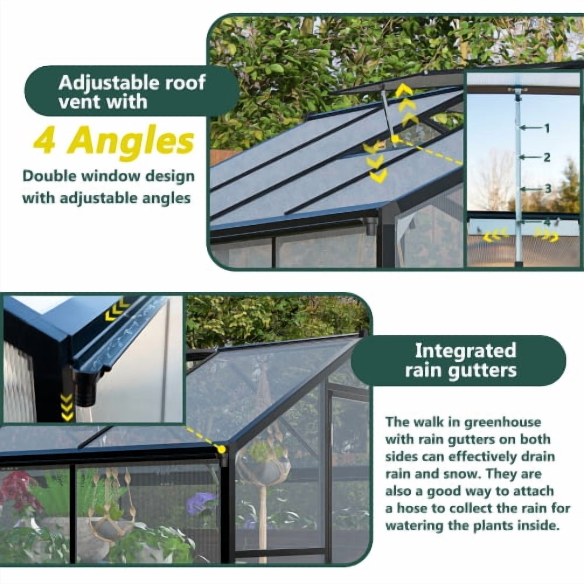 Thanaddo 6'x8' Polycarbonate Walk-in Greenhouse, Heavy Duty Aluminum Frame with Roof Vent, UV-Resistant for Outdoor Garden, Black