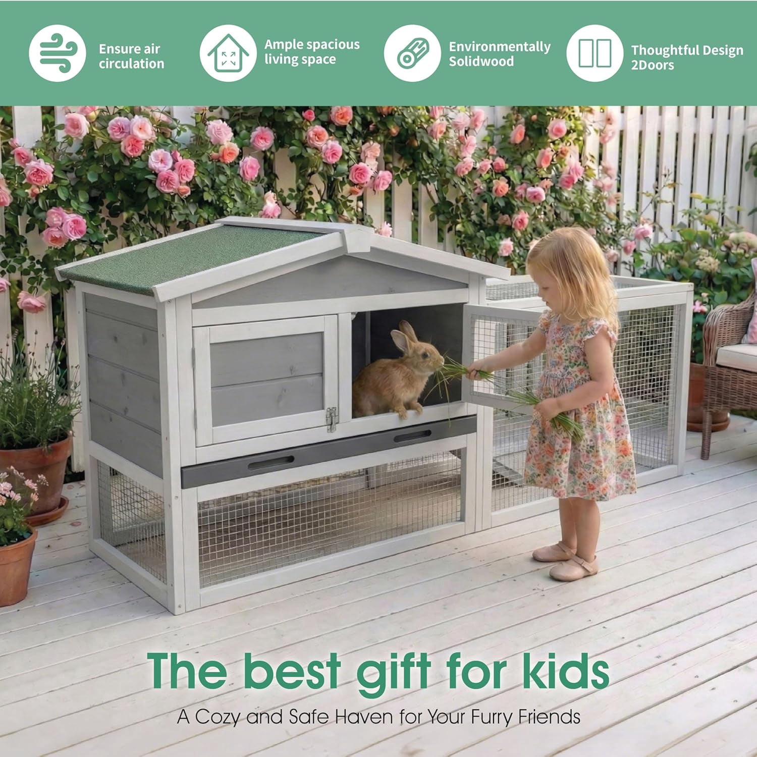 Wooden Rabbit Hutch Indoor and Outdoor, Large Rabbit Cage Chicken Coop Expandable, Weatherproof Bunny Cage with Anti-Chew Metal Frame Ramp for Backyard Small Animals Rufous, Grey
