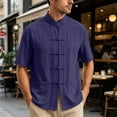 thumbnail image 6 of UVEASISHA Cotton Linen Button Down Shirts for Men Traditional Kung Fu Uniform Short Sleeve Shirt Stand Collar Casual Chinese Frog Buttons Shirts Navy 4XL, 6 of 10