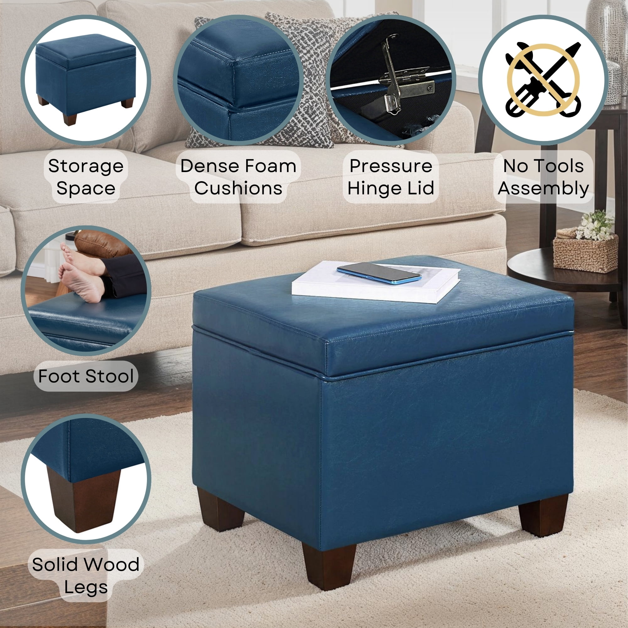 Convenience Concepts Madison Storage Ottoman, Blue Faux Leather