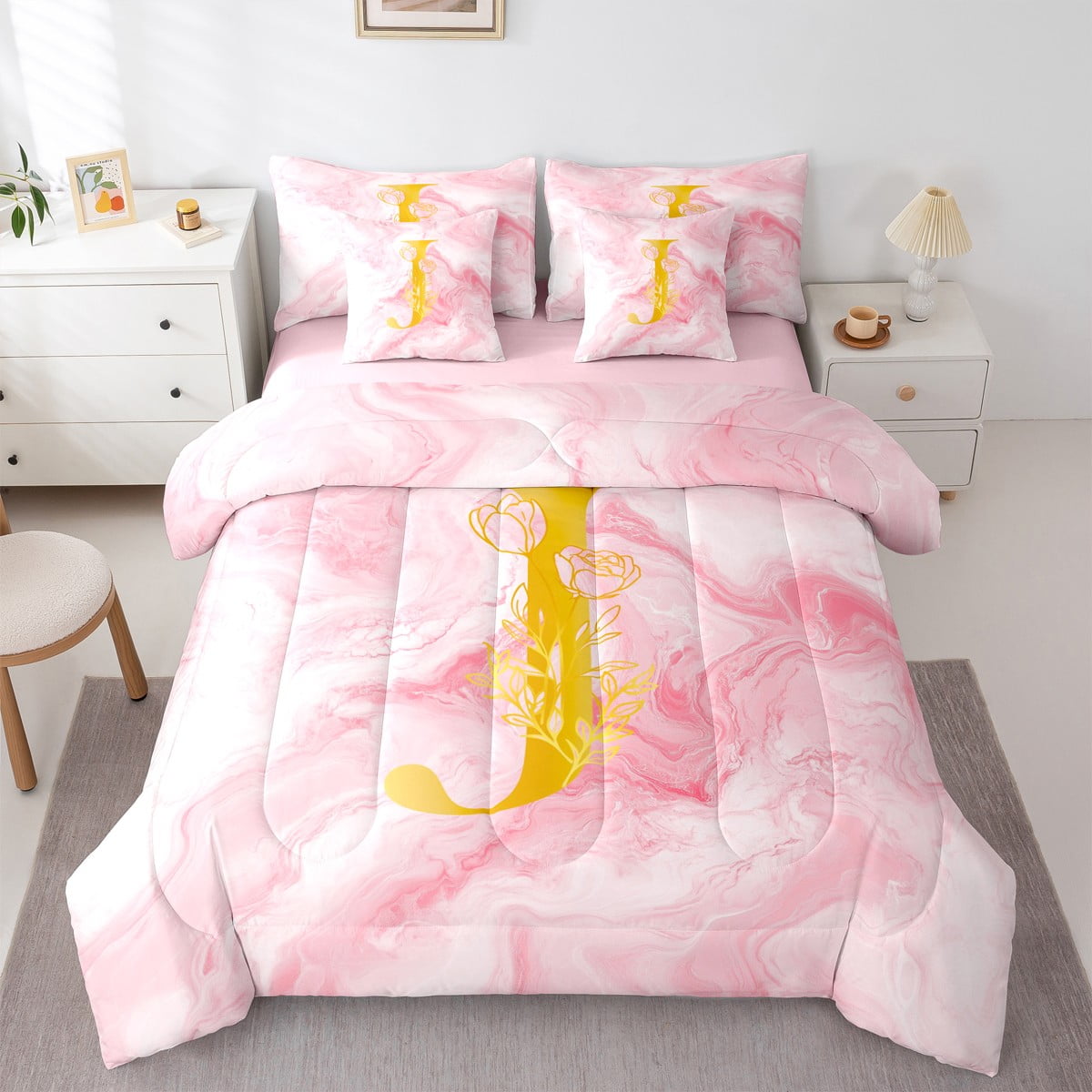 Homewish Initial J Letter Bedding Comforter Set 7 Pieces for Girls Romantic Gold Rose Full Bedding Set Pink Marble Watercolor Reversible Fitted Sheet Flat Sheet Luxury Bedroom Decor