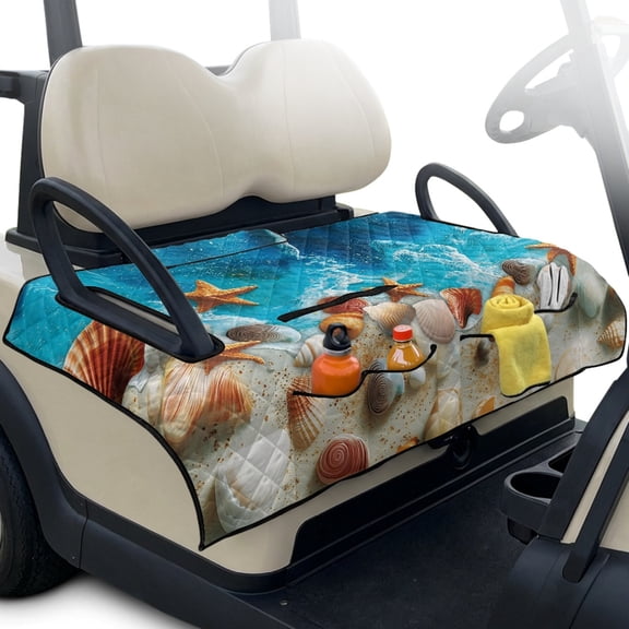 Pzuqiu Beach Seashell Quilted Golf Cart Seat Cover | 2-Person Universal Fit with 4 Pockets | Non-Slip Protective Golf Cart Accessory
