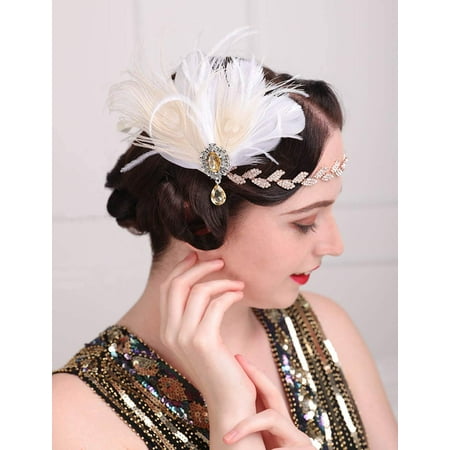 Bridal 1920s Flapper Feather Headband Crystal Beaded Egypt
