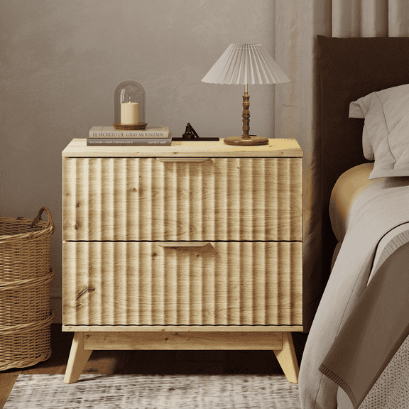 Oversized Fluted Nightstand with Charging Station, 2-Drawer Wood Bedside Table for Bedroom