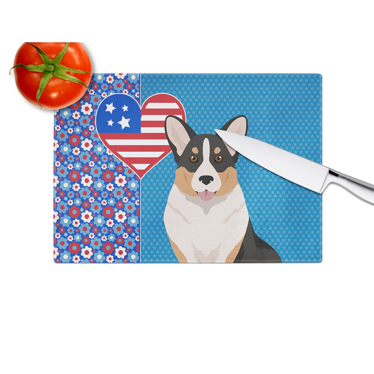 Tricolor Cardigan Corgi Glass Cutting Board Large 12 in x 15 in