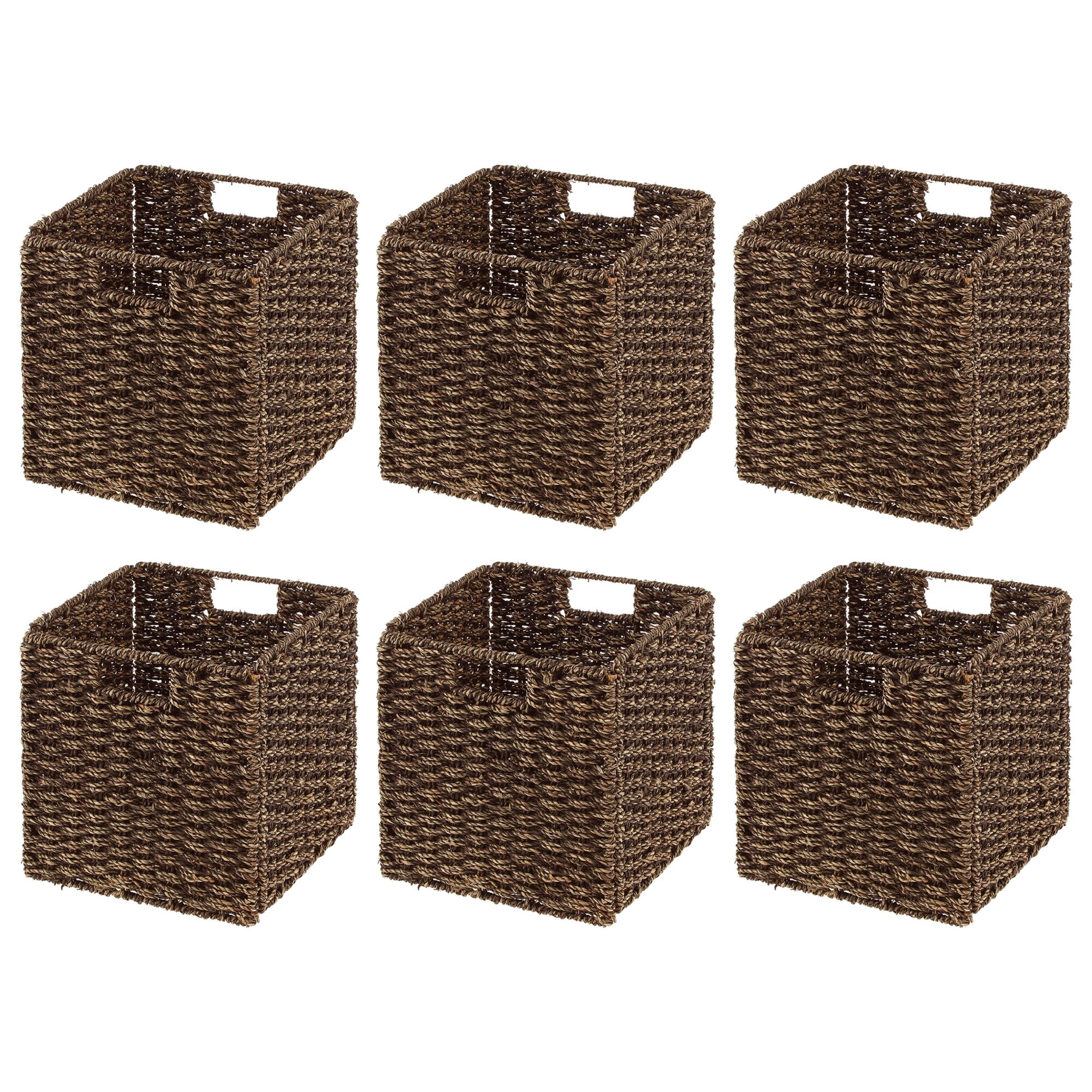 mDesign Seagrass Woven Cube Bin Basket Organizer, Handles, 6 Pack, Brown Wash