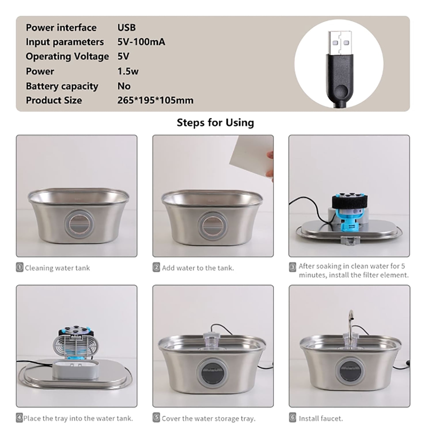 Petavista 3.2L/108oz Cat Water Fountain Stainless Steel Faucet Automatic Fountain with Silent Pump