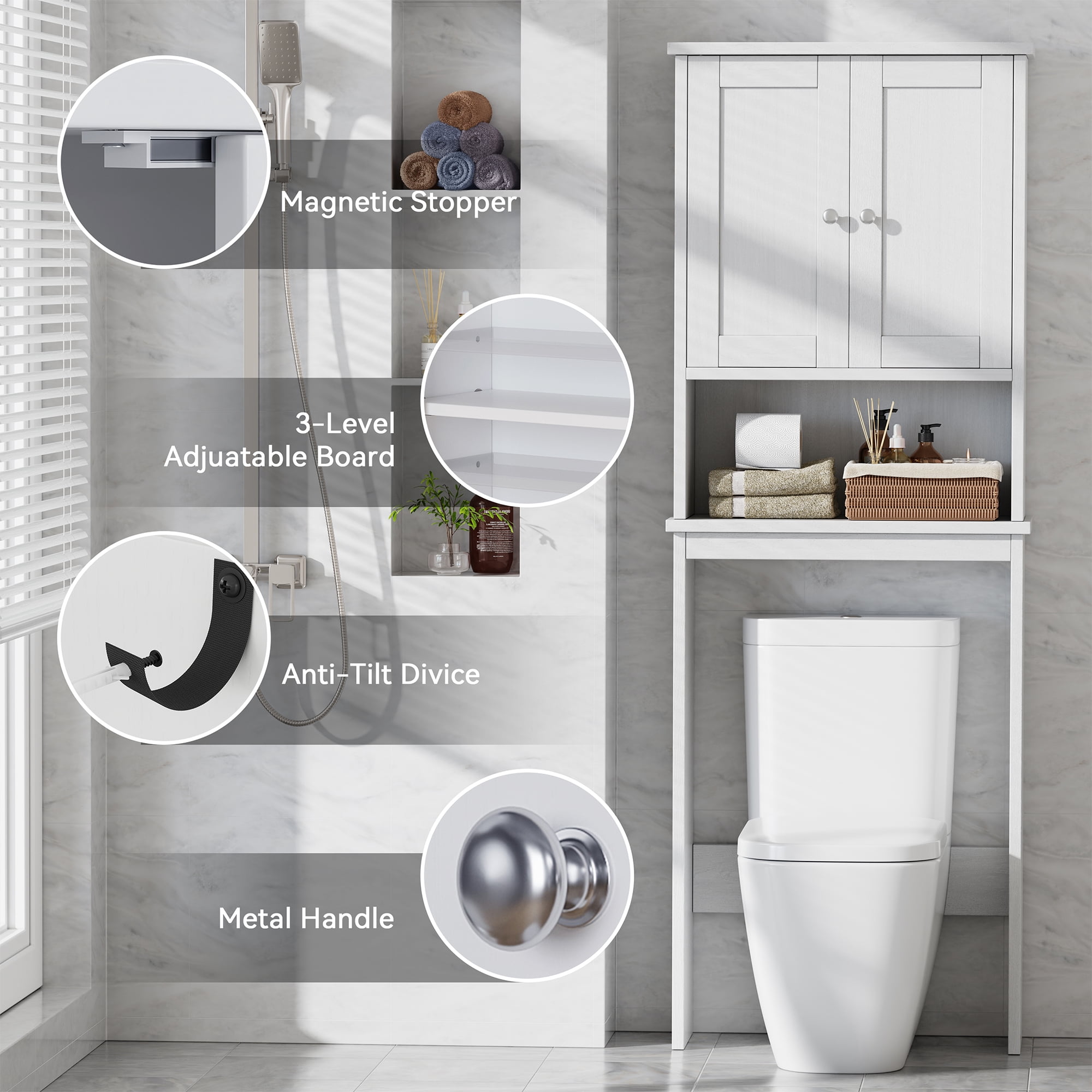 Walsunny Over The Toilet Storage Cabinet Bathroom Shelves Organizer Space Saver Freestanding Restroom Shelf with Doors Anti-Tip Device Adjustable Shelf White