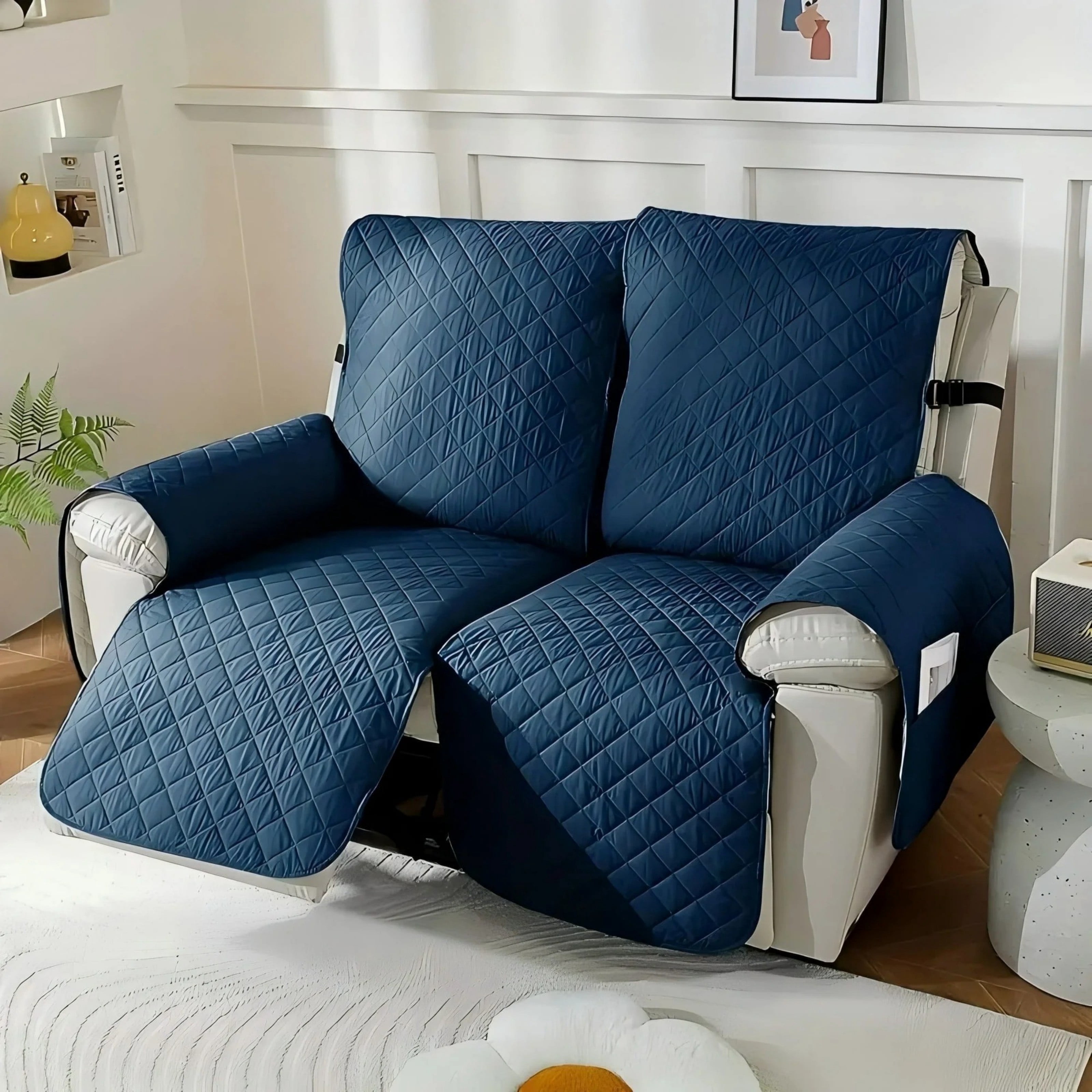 Lavish Cover 100% Waterproof Recliner Loveseat Cover, 2 Pieces Non-Slip Recliner Couch Slipcovers, Washable Furniture Protector with Pockets & Elastic Straps for Kids Pets, 2 Seaters, Berlin Blue