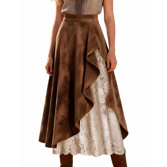Jaimenalin Women Vintage Western Suede Lace Patchwork High Waist A Line Maxi Skirt with Zipper Dark Brown S