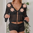 thumbnail image 2 of Tqyyweavej Bathing Suit Crochet Coverups for Women Hollow Out Print Tie Front Beach Cover Up Solid Color Long Sleeve Loose Swimsuit Cover Up, 2 of 7