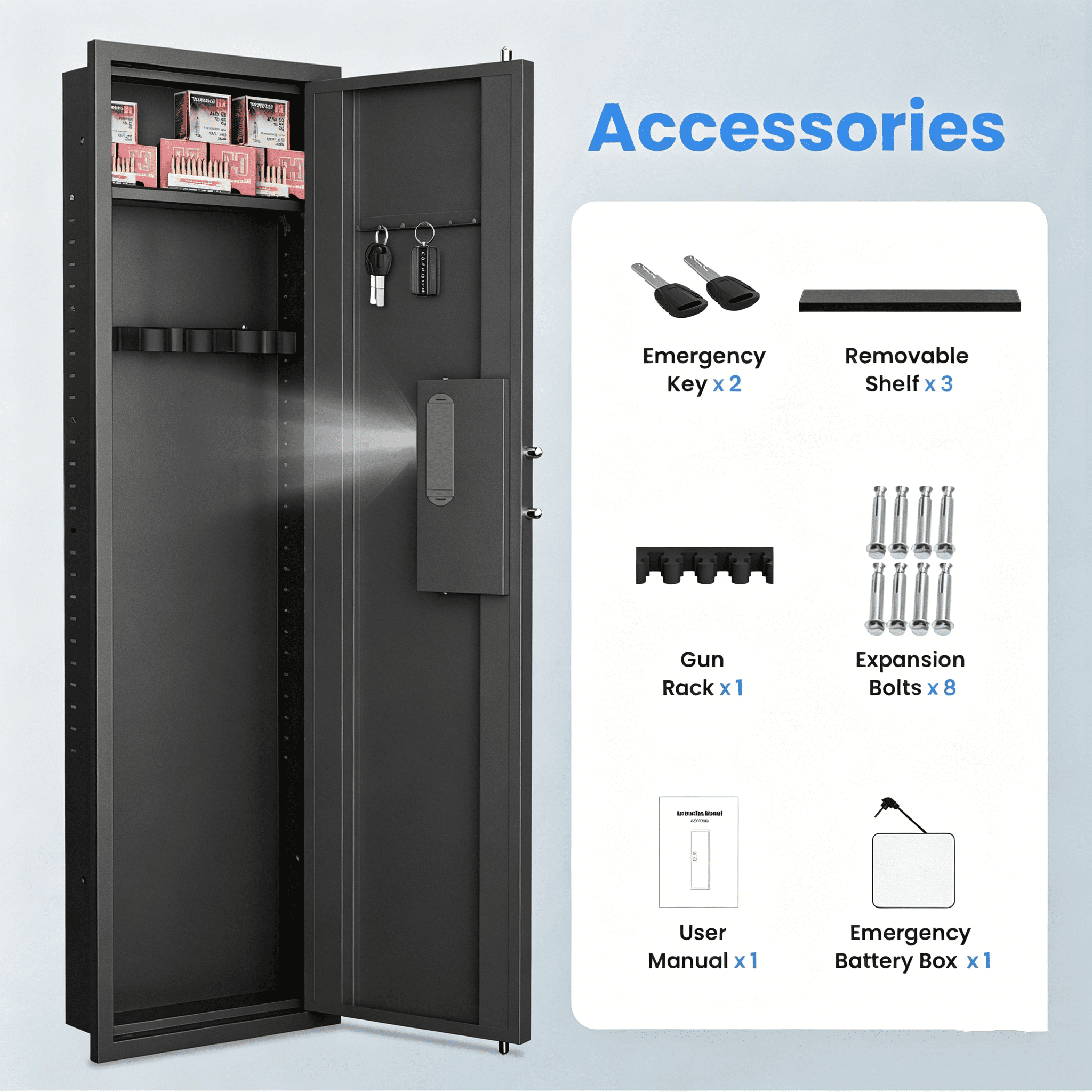 53.15" Tall Hidden Wall Safes Between the Studs 16" Centers,  Wall Safe With Removable shelfs and Adjustable Gun Rack, Digital Keypad Wall Gun Safe for Home Rifle, Cash, Jewelry, Documents - Black