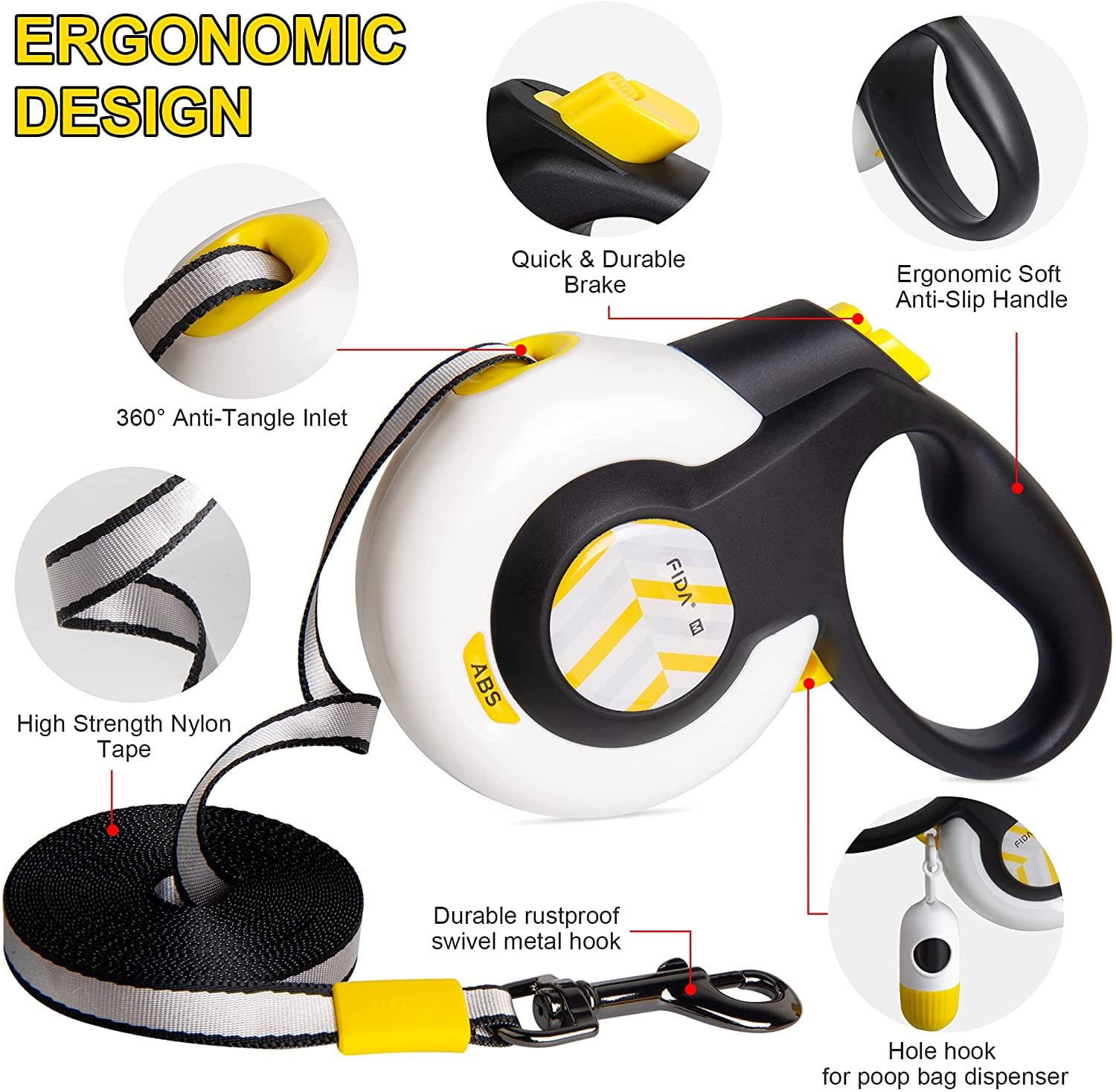 FIDA AutoBrake Retractable Dog Leash. Advanced Patented Design for Dog Pulling, 16 ft Heavy Duty No Pull Pet Walking Leash for Small Breeds. 360 Tangle Free, Soft Grip, Small Size