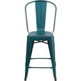 thumbnail image 6 of YYEAN  24" Indoor-Outdoor Counter Stool - Metal Stool with Distressed Black Finish - Vertical Slat Back - Integrated Footrest-Kelly Blue-teal, 6 of 18