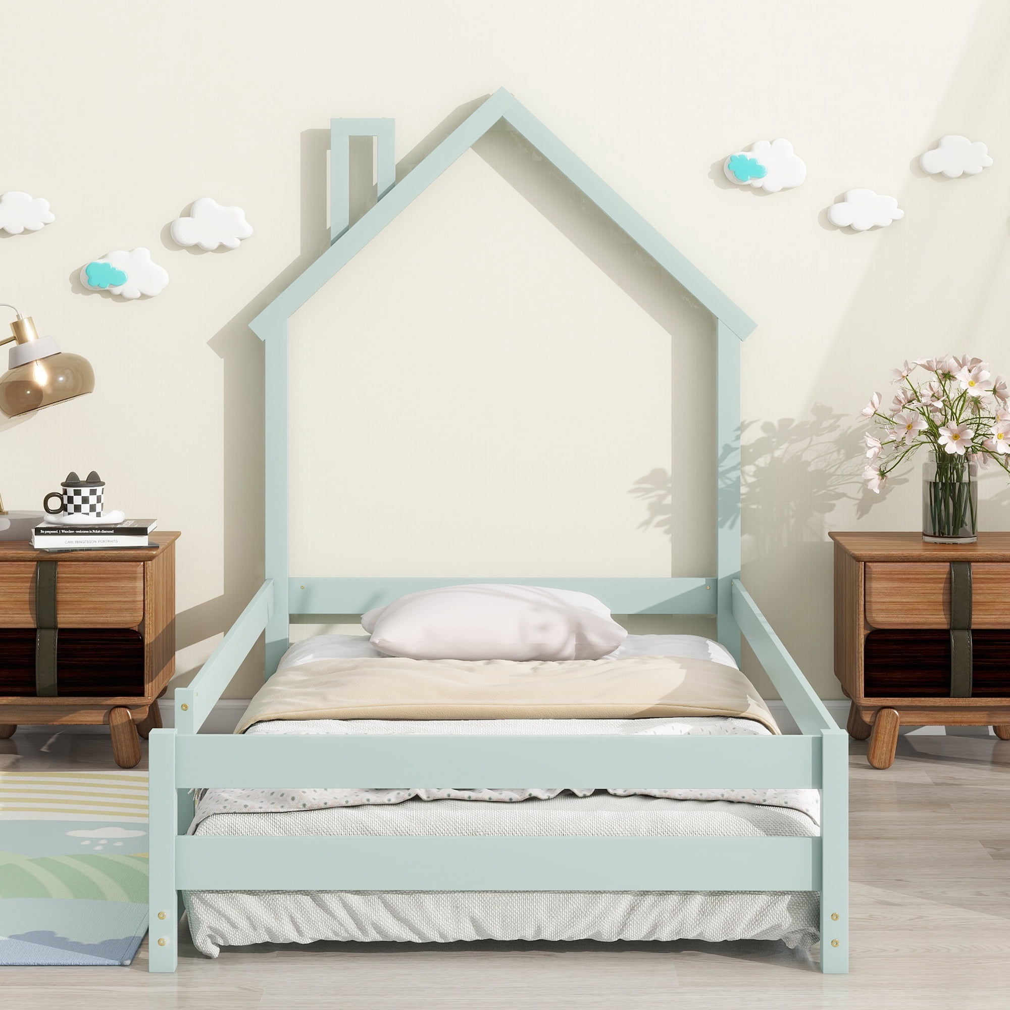 Gewnee Wood Twin Size House-Shaped Platform Bed with Headboard for Kids,Green