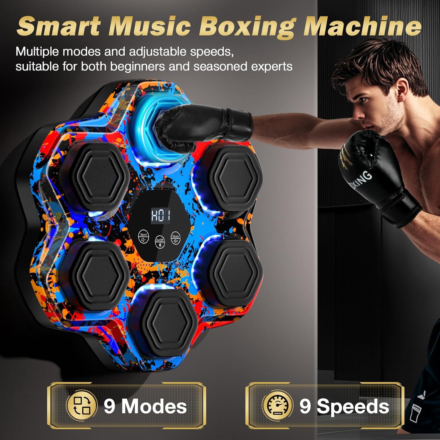 Music Boxing Machine - Interactive Punching Trainer with Boxing Gloves, Large Wall-Mounted Electronic Punching Bag for Adults and Kids, Featuring 9 Modes & 9 Speeds, Bluetooth Connectivity