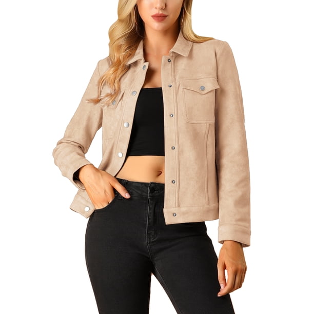 Chaqueta de ante sintético con cuello de solapa y bolsillos con solapa para mujer INSPIRE CHIC, color rosa albaricoque, talla M
