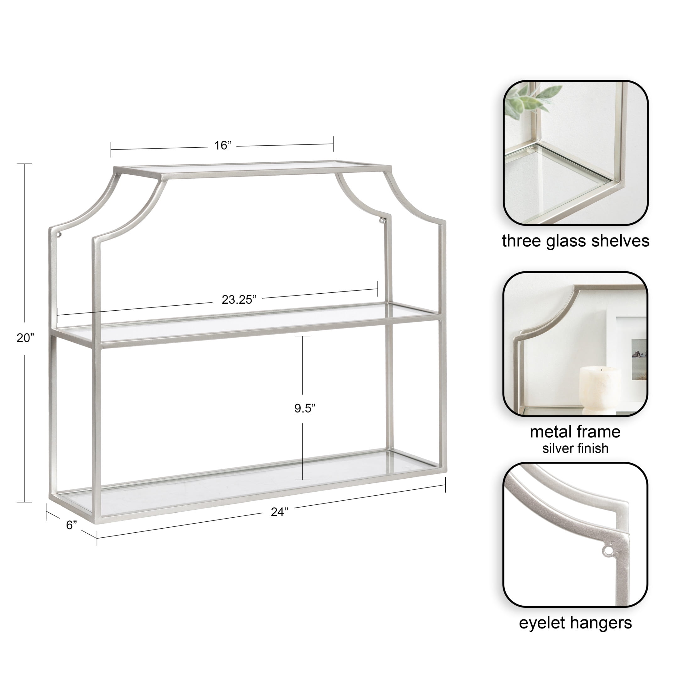 Kate and Laurel Ciel Modern Glam Wide Two-Tier Wall Shelf, 24 x 20, Silver, Tiered Bathroom Shelves for Over the Toilet Storage or Bedroom Makeup Organizer
