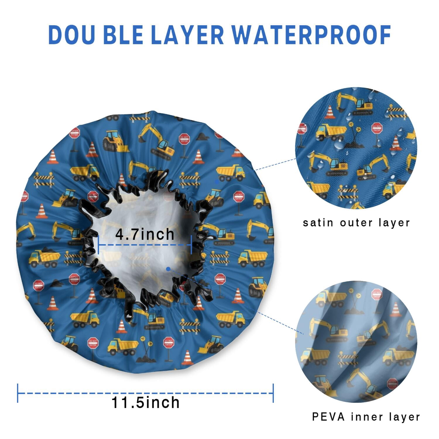Shower Caps,Cartoon Construction Vehicles Traffic Signs Waterproof Shower Cap for Women 4 Pieces,Double Reusable Hair Cover for Shower PEVA Elastic Stretch Hem