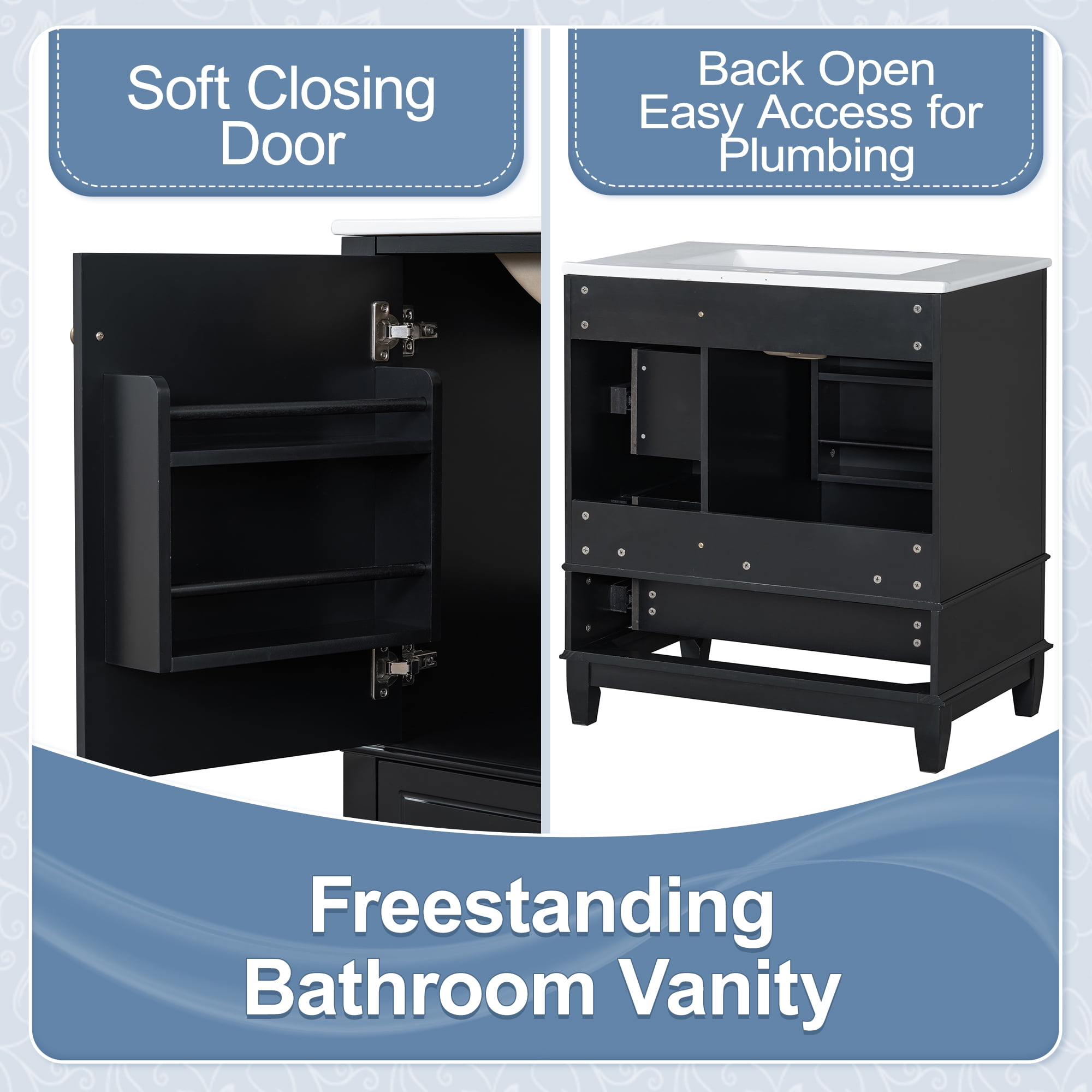 Euroco 30" Bathroom Vanity with Sink, One Door with Shelf and Three Drawers, Soft Close Door