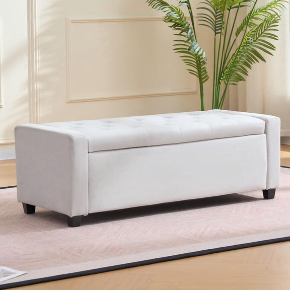 CQSXDA 48 Inch Upholstered Storage Bench in Faux Linen for Bedroom Living Room Entryway Use, Beige