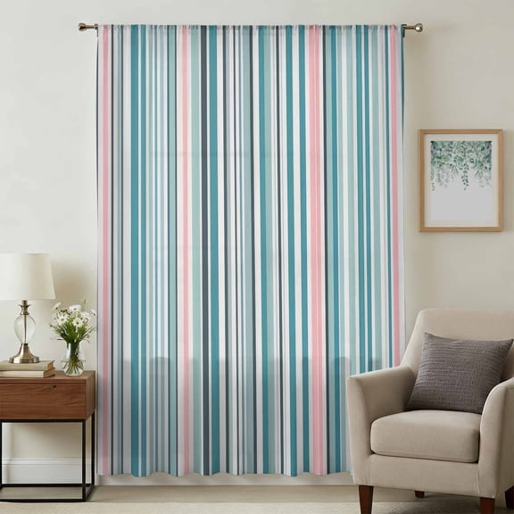 Colored Stripes Sheer Curtains 96 Inches Long, Modern Abstract Pink Blue Turquoise Lines Light Filering Curtains, Privacy Drapes Simi Floor to Veiling Curtain for Living Room Bedroom Window Treatment