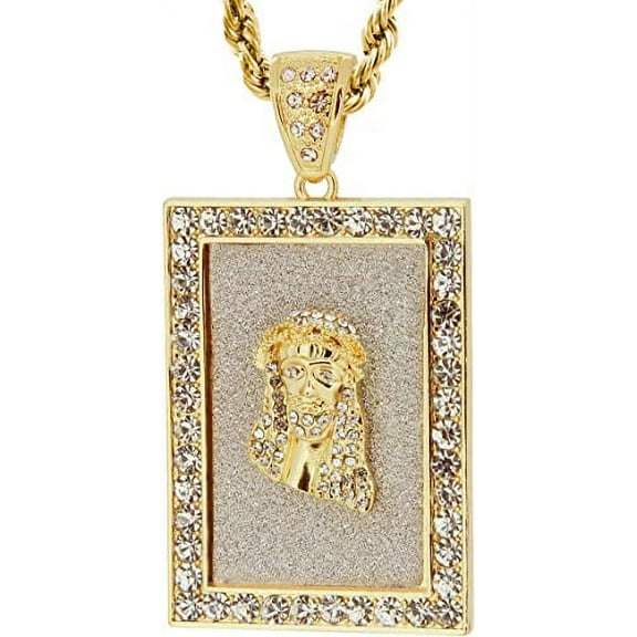 Gold Tone Rectrangle Jesus Face Pave Pendant with 30" Rope Chain