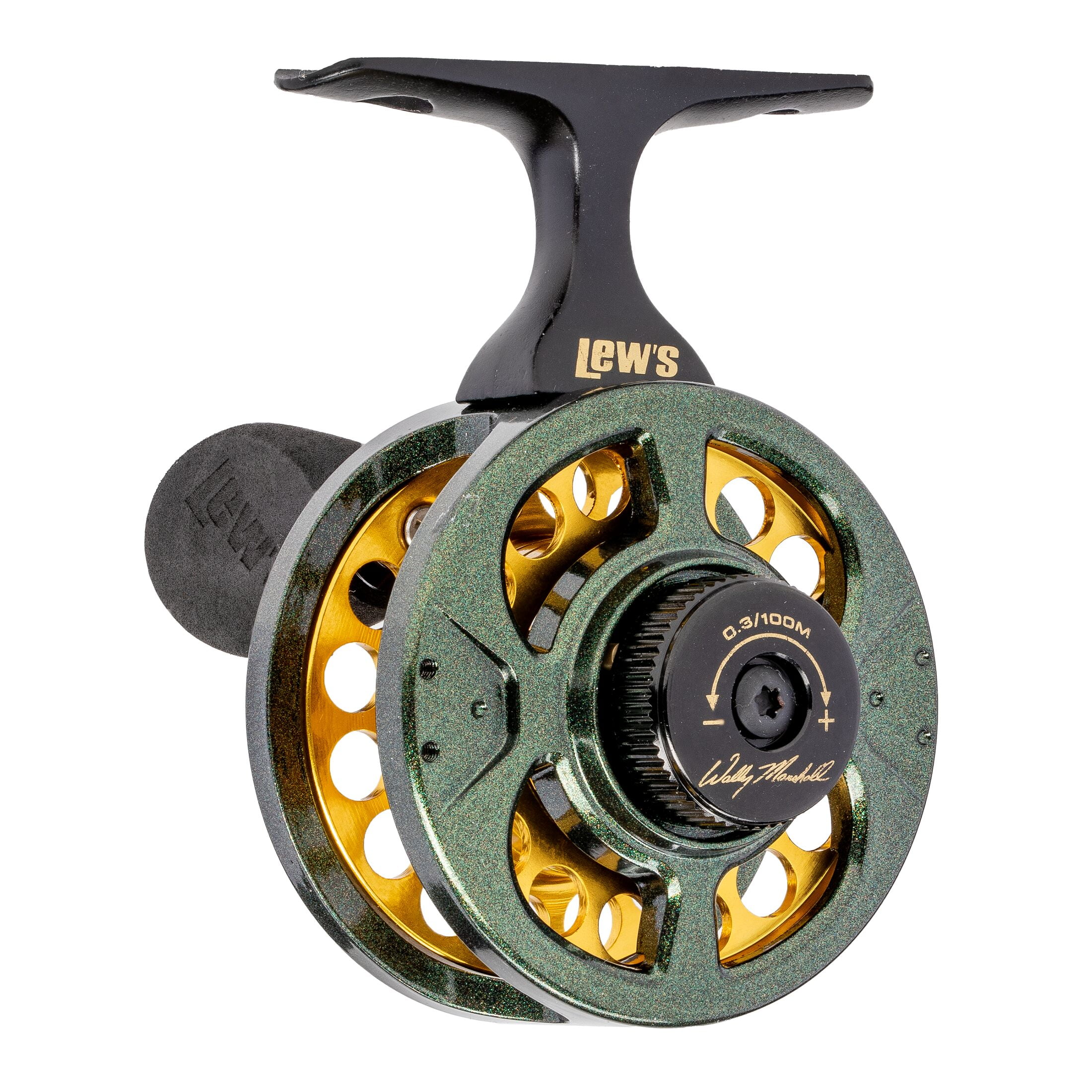 Lew's Wally Marshall Signature Series Solo Jigging Fishing Reel, 1:1 Gear Ratio, Aluminum Frame and Spool, Multi-Disc Drag, EVA Handle Knob, 6-Pound Line, Green/Gold