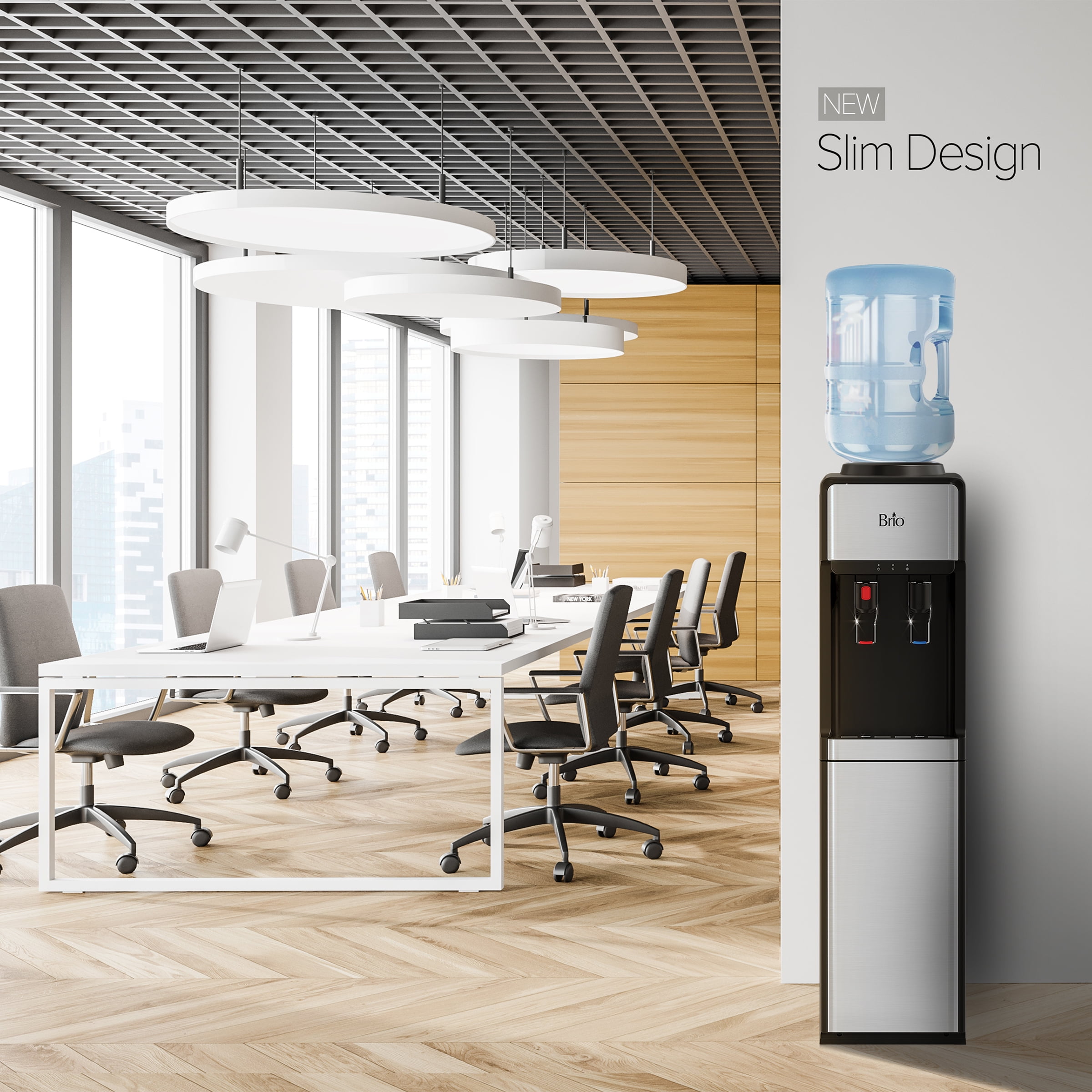 Brio 300 Series Slimline Top-Load Water Dispenser for 3 & 5 Gallon Bottles, Paddle Dispensing, Hot & Cold, LED Indicator Lights, Stainless Steel