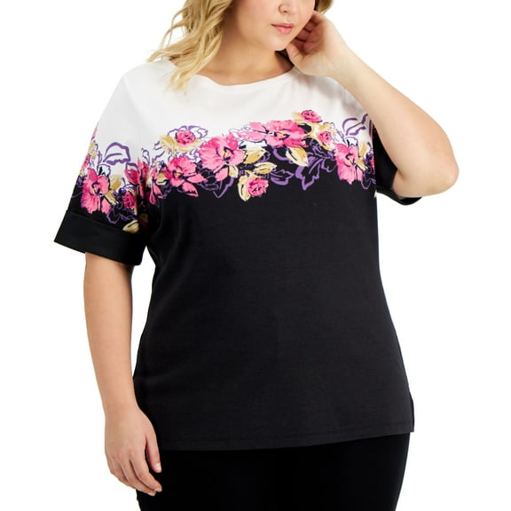 Karen Scott Plus Size Valerie Floral Top Deep Black 0X