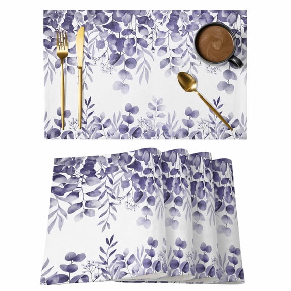 Purple Eucalyptus Leaves Placemats Set of 8, Spring Summer Botanical Non-Slip Place Mats Washable Table Mats for Kitchen Dining Table Decorations Indoor/Outdoor