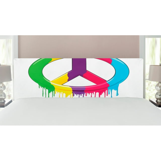 Groovy Headboard, Digital Peace Dripping Paint Liquid Colors Pacifism Themed Old Movements, Upholstered Decorative Metal Bed Headboard with Memory Foam, King Size, Multicolor, by Ambesonne