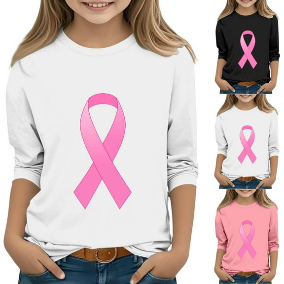 Feancey Girls Cute Tops Pink Ribbon 3/4 Sleeve Graphic Tee Breast Cancer Awareness Tshirts for Toddler Girl Crewneck Loose Blouses Black 3-4 Years