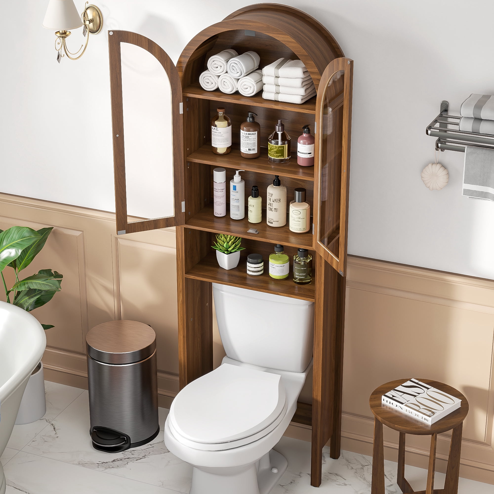 Oubayajia Over The Toilet Storage Cabinet, Bathroom Shelf Over Toilet with Acrylic Doors, 4-Tier Bathroom Storage Cabinet Organizer with Adjustable Shelf, Walnut
