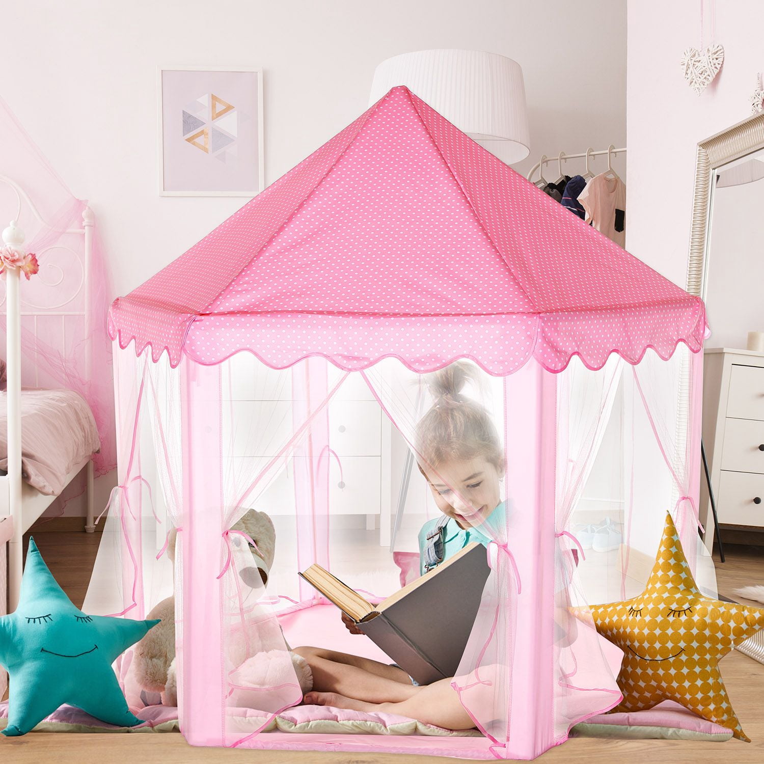 Princess Play Tent for Girls, Large Castle Playhouse with 6 Breathable Mesh Doors, Indoor Outdoor Play Tent for Backyard Garden Party, Sturdy Structure Easy Assembly, Gift for Kids Birthday
