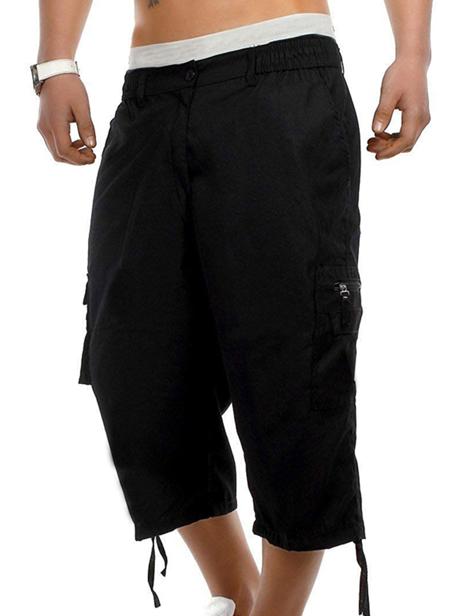 New Mens 3/4 Shorts Elasticated Waist Cargo Combat Long Knee Length Cotton Pants