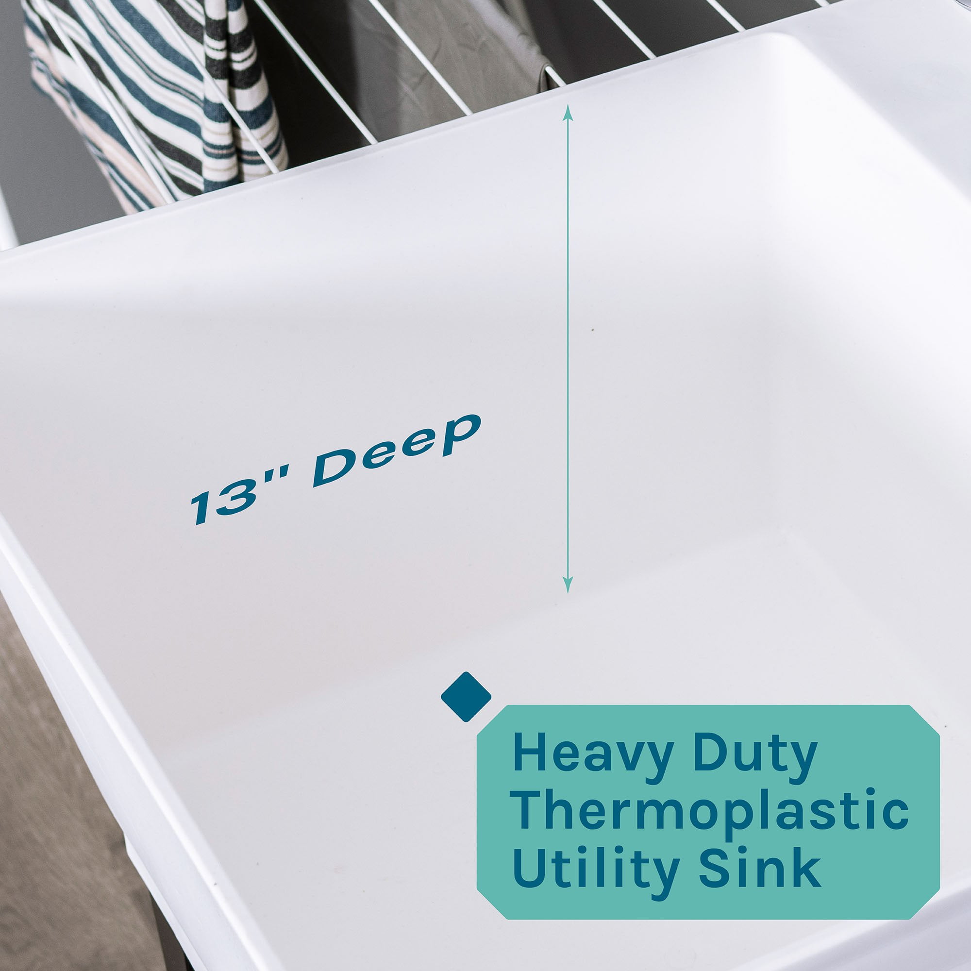 Tehila White 19 Gallon Utility Sink with Stainless Steel Finish High-Arc Dual Handle Faucet